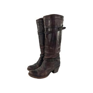 Frye Jane Strappy Brown Leather Riding Boots US 6.5 B Women's Heels Knee-High